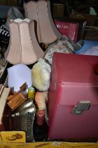 TWO BOXES OF MIXED SUNDRIES AND BOX OF VINYL LPs, including a selection of table lamps, a