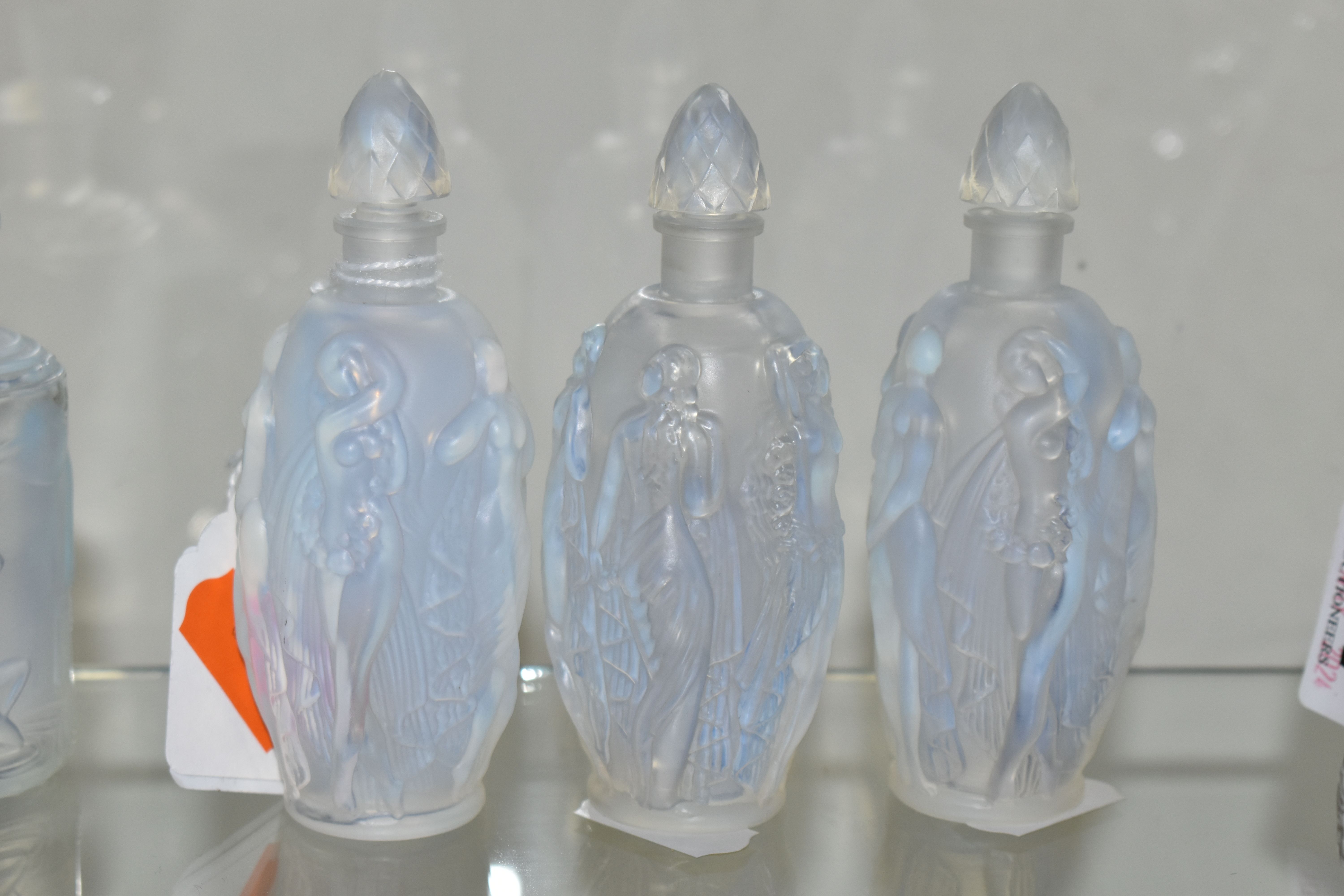 THREE SABINO OPALESCENT SCENT BOTTLES, each having the same moulded design of Neo-Classical female - Image 2 of 3