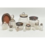 A BOX OF ASSORTED SILVER MOUNTED VANITY JARS AND SCENT BOTTLES, to include a small round glass jar