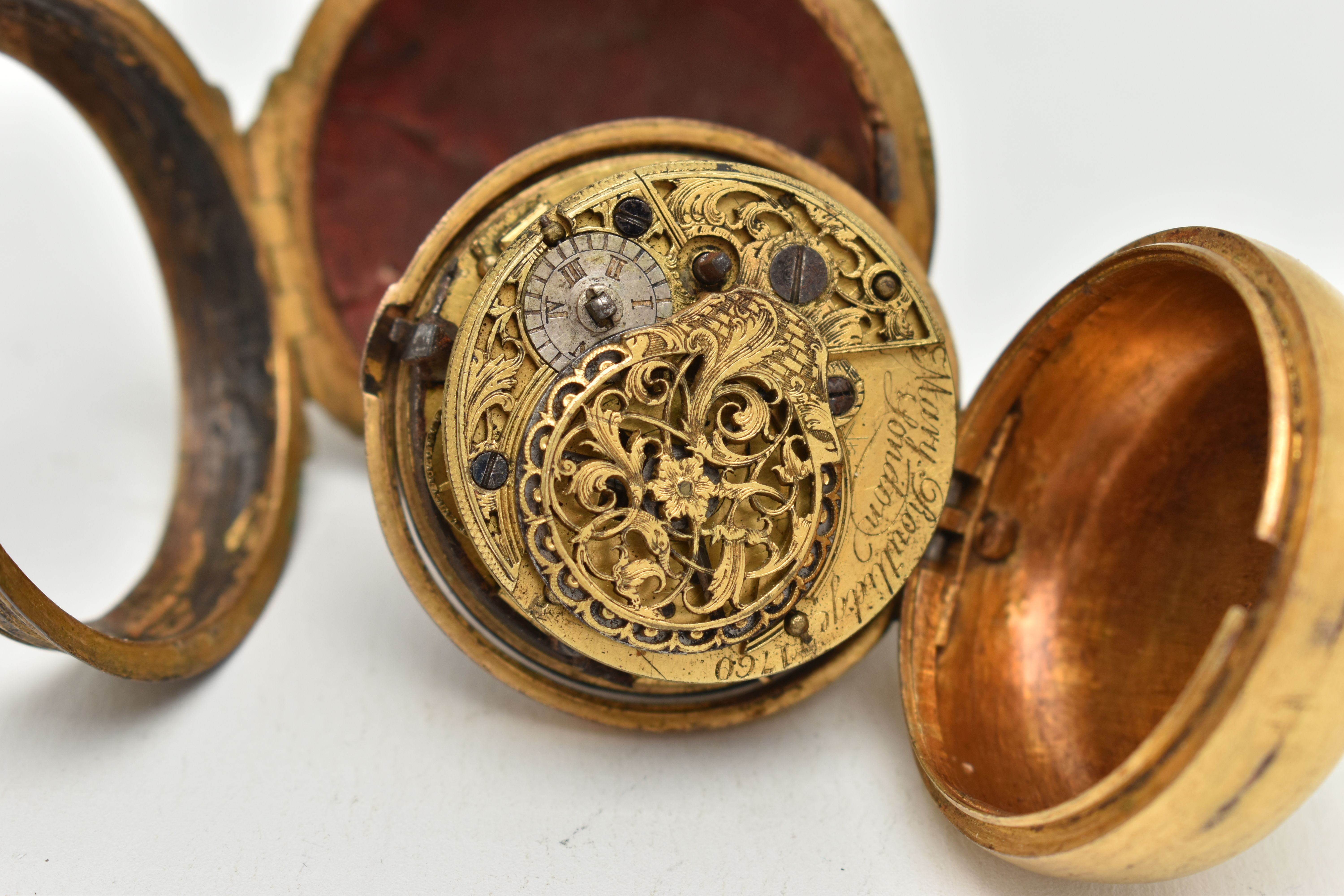 A GILT METAL PAIR CASE, OPEN FACE POCKET WATCH, key wound, round white dial, Roman numerals, missing - Image 6 of 7