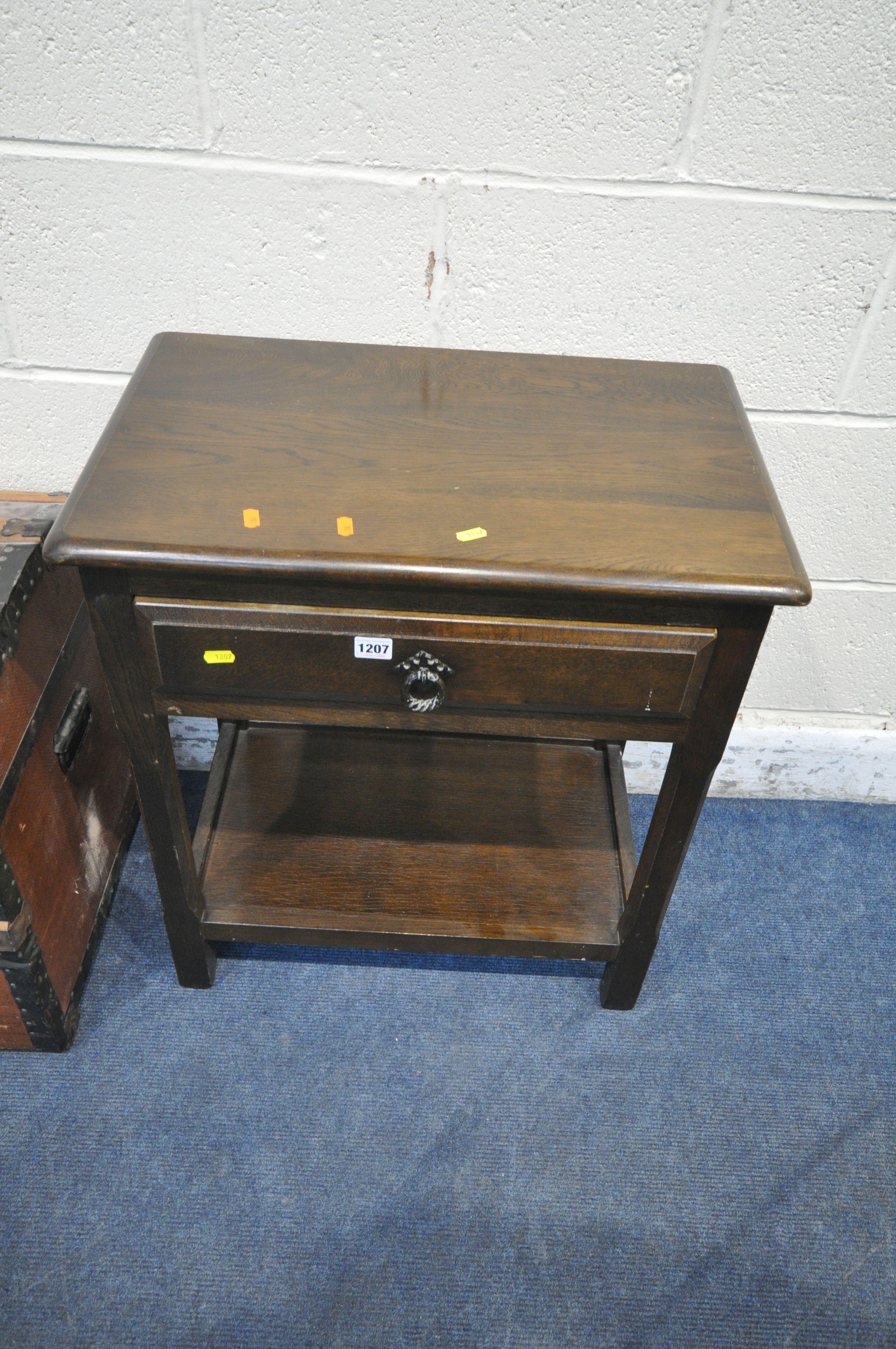 A 20TH CENTURY OAK LAMP TABLE, with a single frieze drawer, raised on chamfered legs, united by an - Image 2 of 5