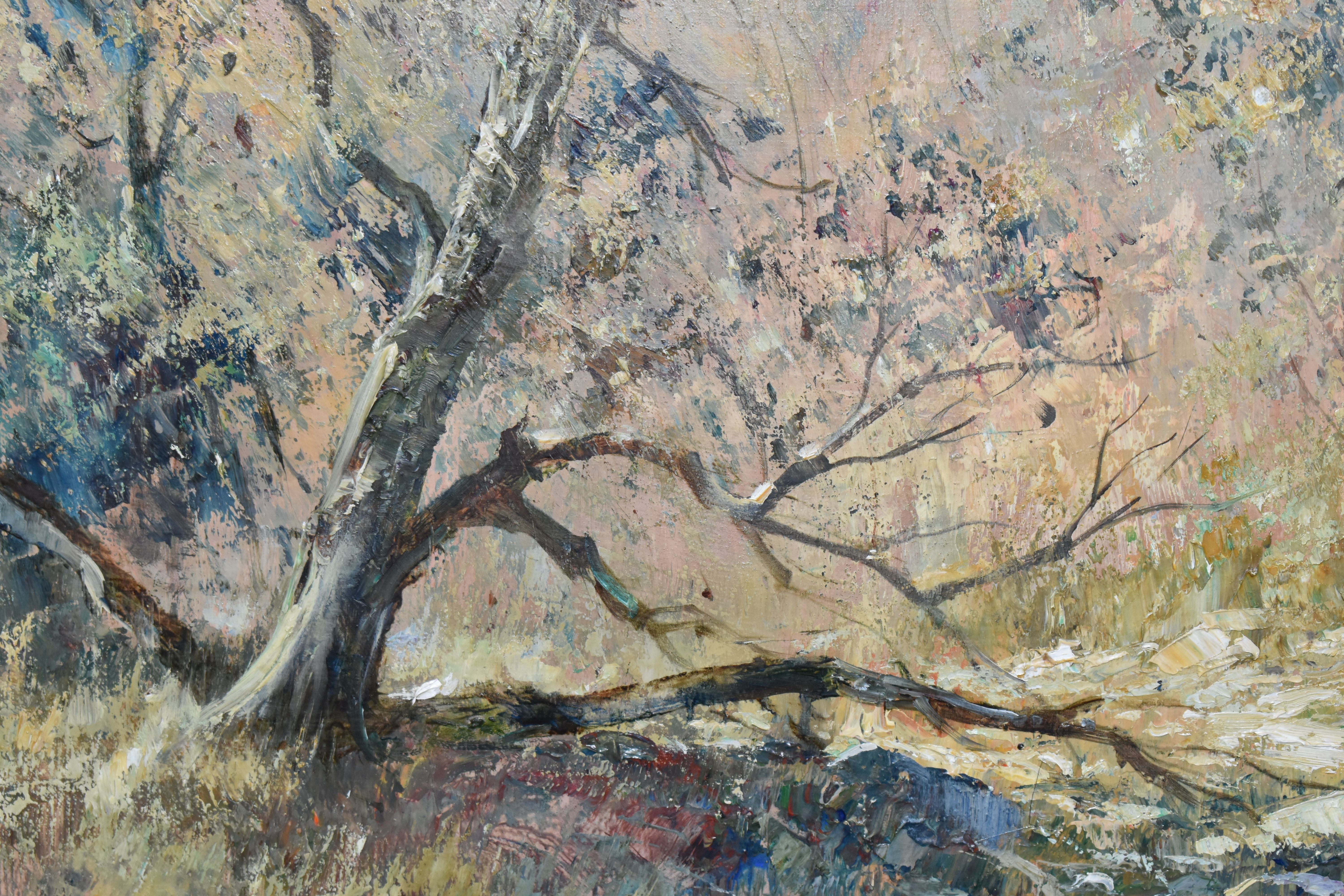 CHRISTOPHER TUGWELL (SOUTH AFRICA 1938-2021) AN IMPRESSIONST STYLE LANDSCAPE, a small stream cuts - Image 3 of 4