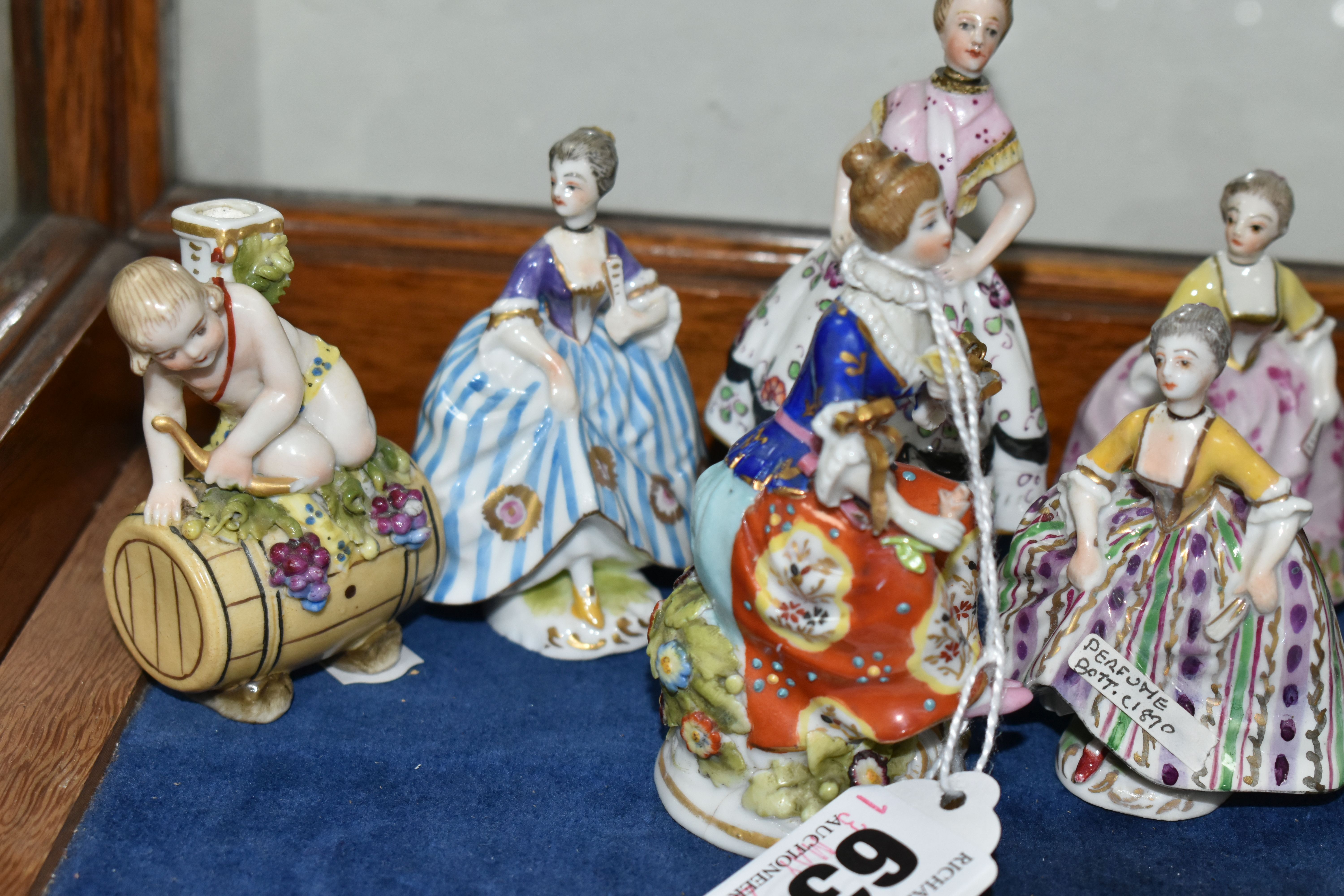 SIX 19TH AND 20TH CENTURY FIGURAL PORCELAIN SCENT BOTTLES, comprising Sitzendorf example of a female - Image 6 of 6