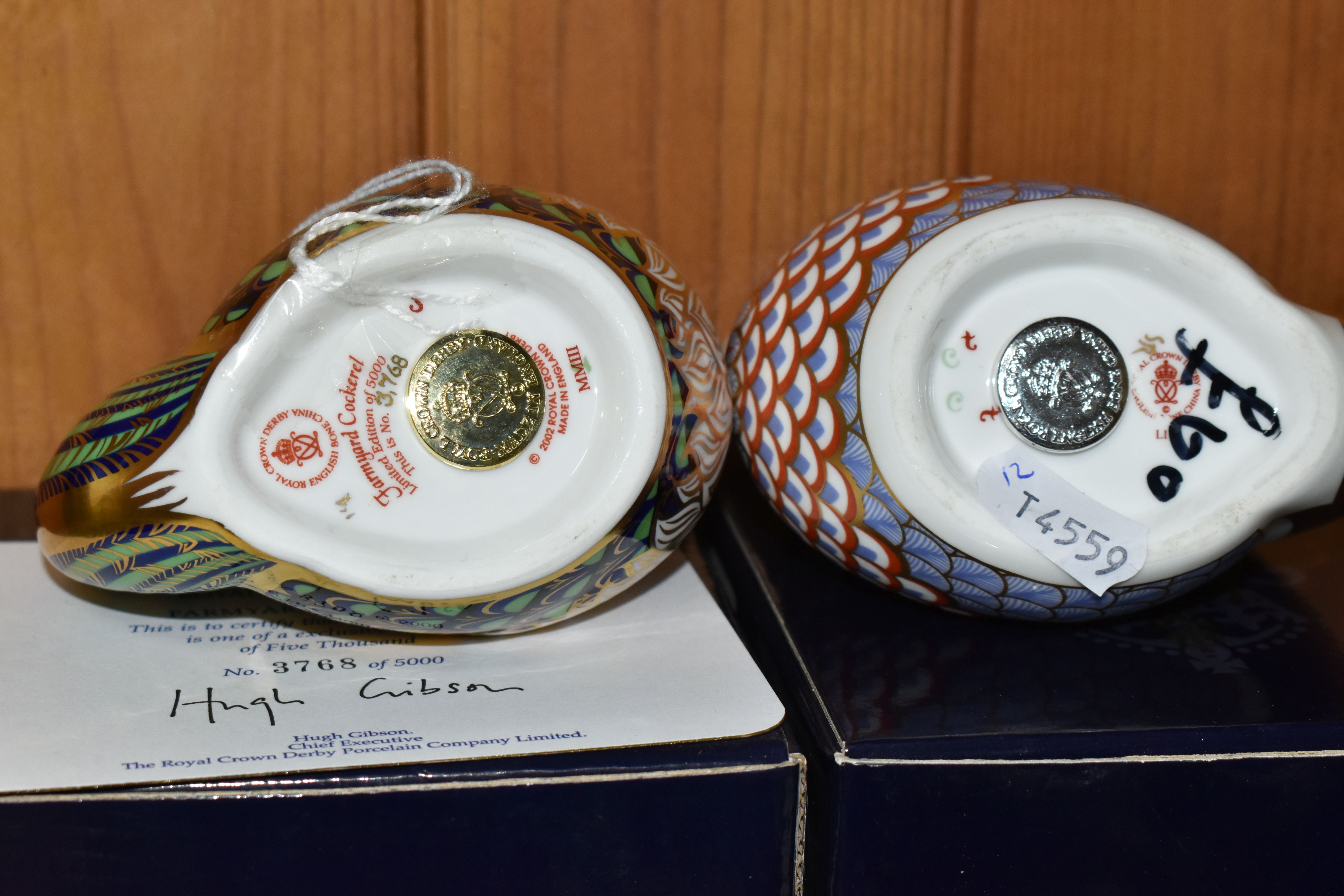 A ROYAL CROWN DERBY IMARI PAPERWEIGHT FRIESIAN COW 'BUTTERCUP' AND TWO BOXED 'FARMYARD COCKERELS', - Image 6 of 6