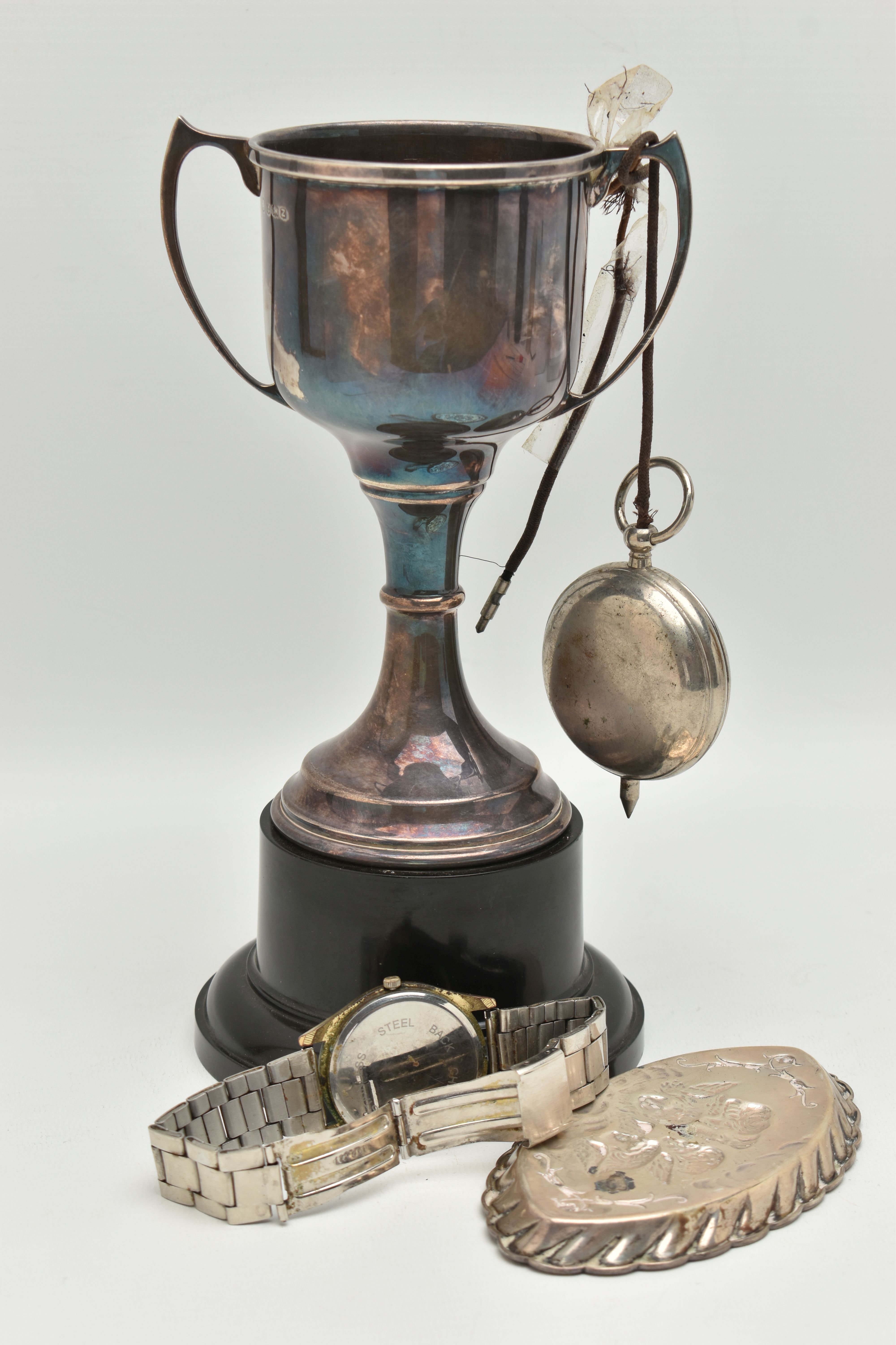 A SMALL ASSORTMENT OF SILVER AND OTHER ITEMS, to include a silver replica trophy, fitted to a - Image 6 of 6