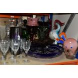 A COLLECTION OF VARIOUS DECORATIVE GLASSWARE including three Murano style art glass objects, six