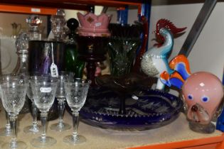A COLLECTION OF VARIOUS DECORATIVE GLASSWARE including three Murano style art glass objects, six
