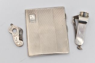 THREE SILVER ITEMS OF SMOKING PARAPHERNALIA, to include a rectangular hinged cigarette cased with
