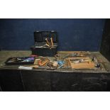 A PLASTIC TOOLBOX AND A TRAY CONTAINING TOOLS including a brace, chisels hammers, saws, a