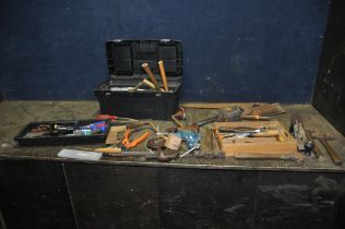 A PLASTIC TOOLBOX AND A TRAY CONTAINING TOOLS including a brace, chisels hammers, saws, a