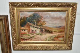 AN EARLY 20TH CENTURY ENGLISH SCHOOL LANDSCAPE, a thatched cottage stands beside a rural lane,