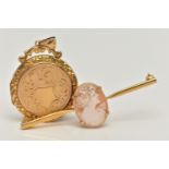 A CAMEO BROOCH AND A LOCKET, carved oval shell cameo depicting a lady in profile, four claw set,