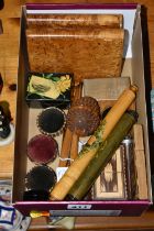 A BOX OF TREEN, to include a Coquilla nut sewing case (two small splits), pin cushions, three card
