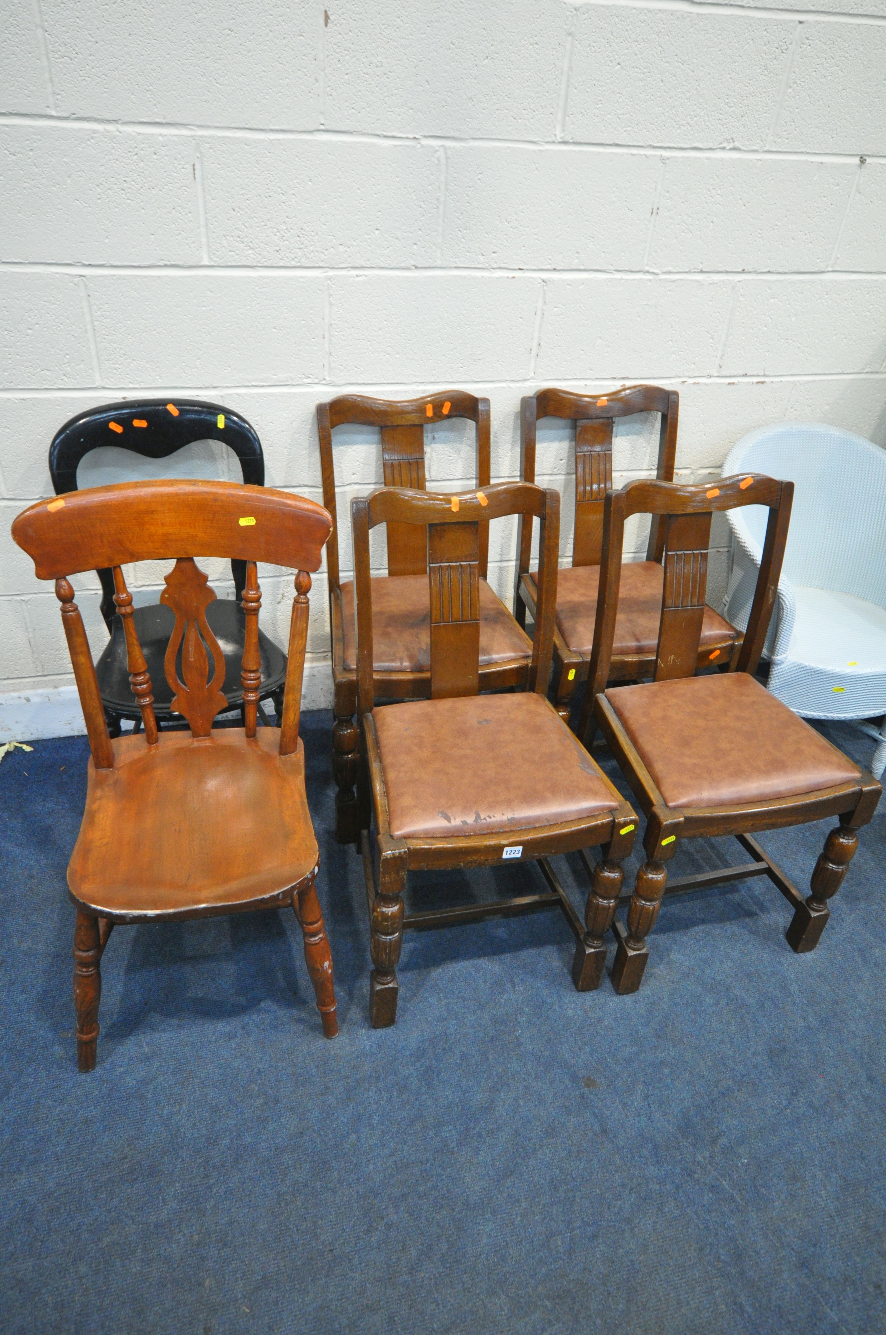 A SET OF FOUR 20TH CENTURY OAK DINING CHAIRS, three other chairs, a green painted ottoman, a green - Image 2 of 3