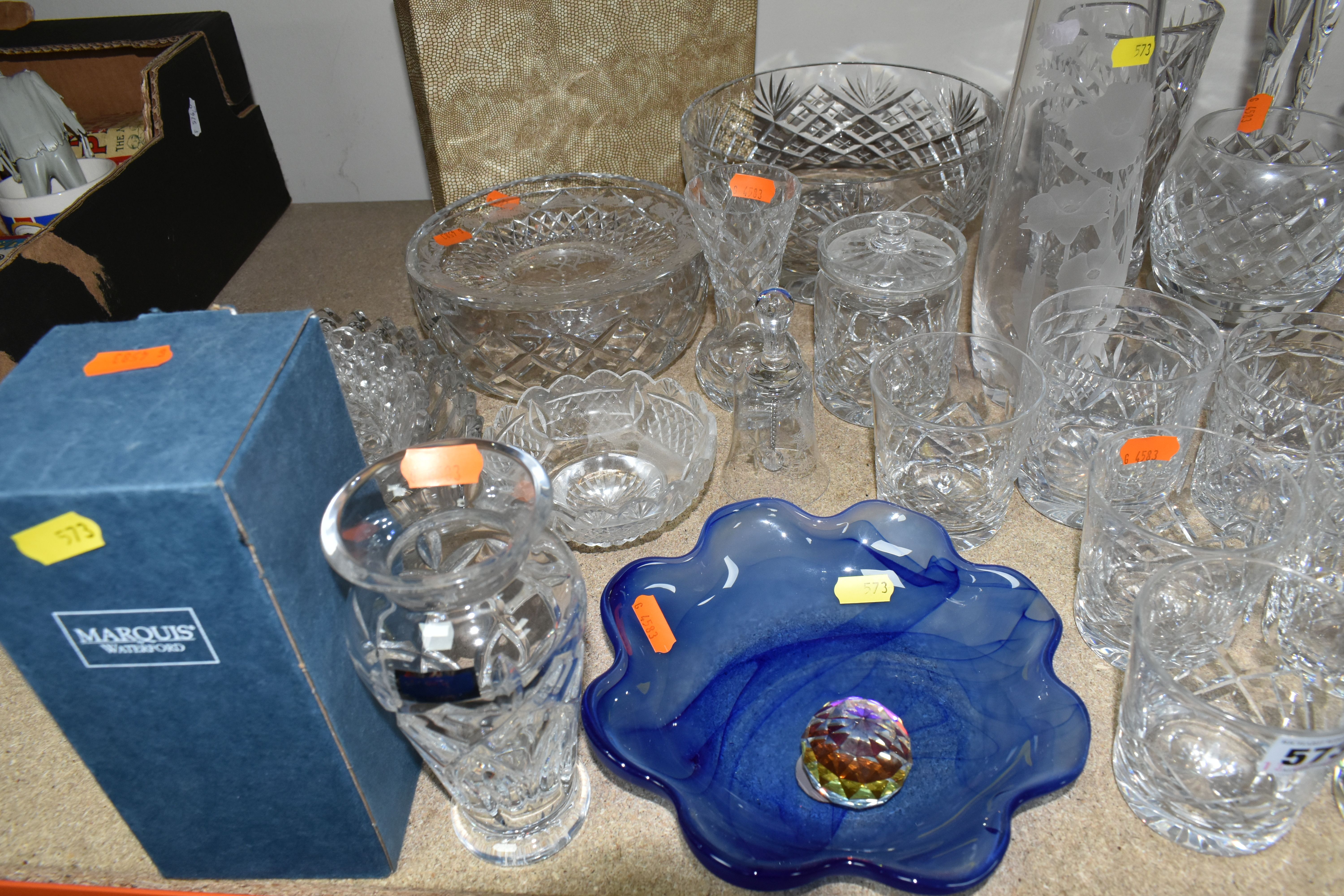 A GROUP OF CUT CRYSTAL AND GLASSWARE, comprising a boxed Waterford 'Marquis' design vase, a - Image 3 of 6