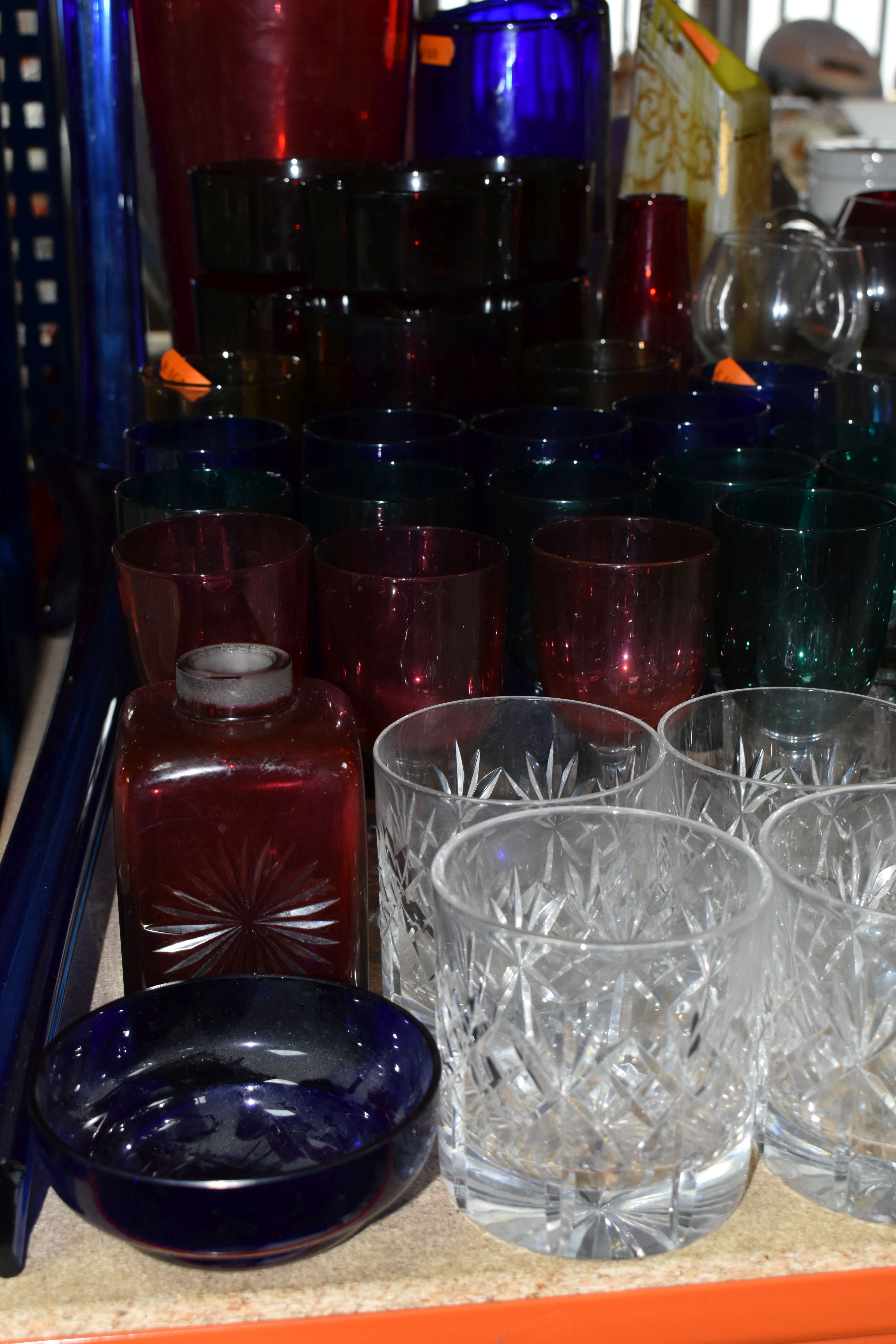 A LARGE SELECTION OF CRYSTAL CUT GLASS AND COLOURED GLASS VESSELS, including two sets of Tudor - Image 2 of 9