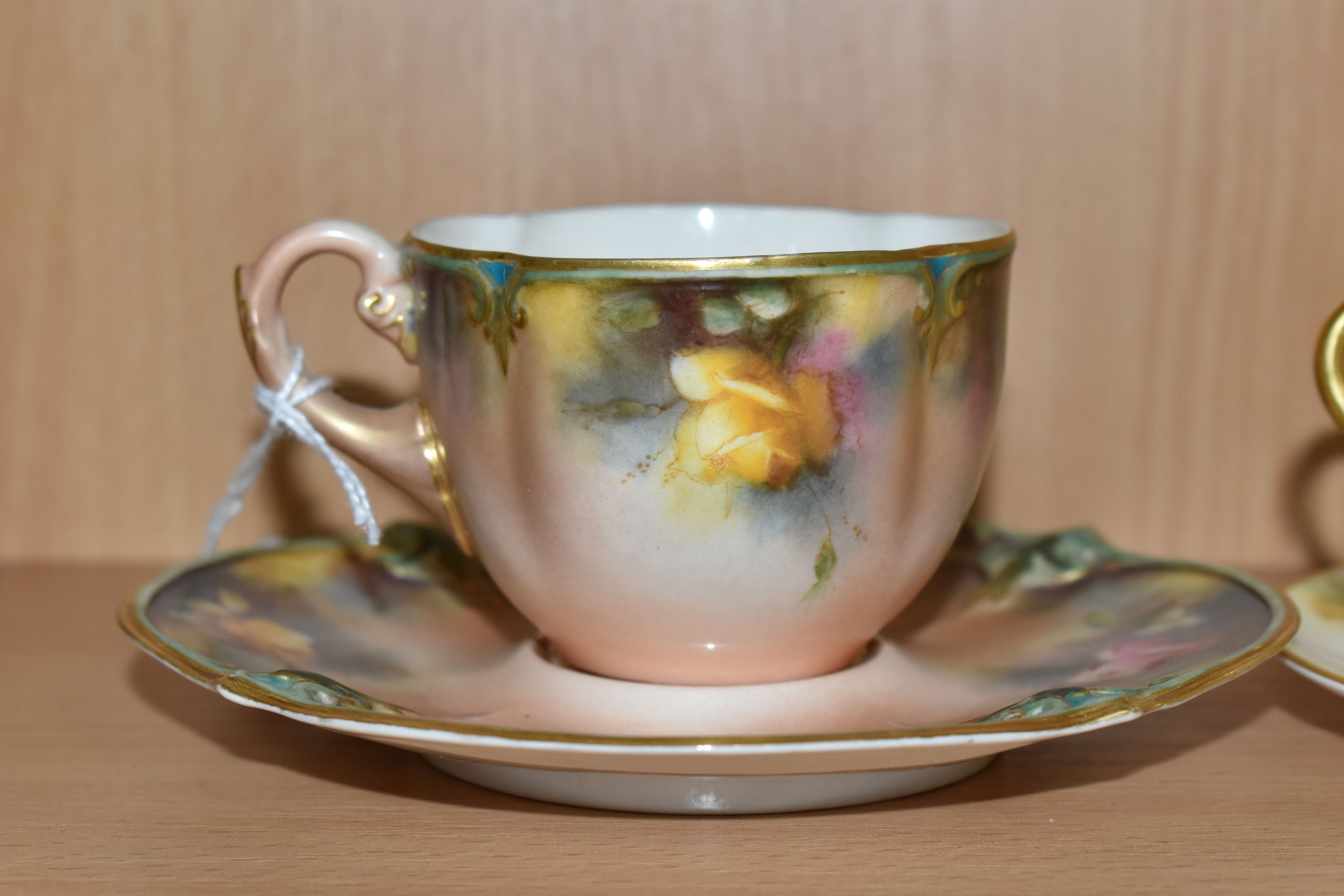 A ROYAL WORCESTER CABINET CUP AND SAUCER, WITH A JAMES HADLEY & SONS TEACUP AND SAUCER, comprising a - Image 4 of 7