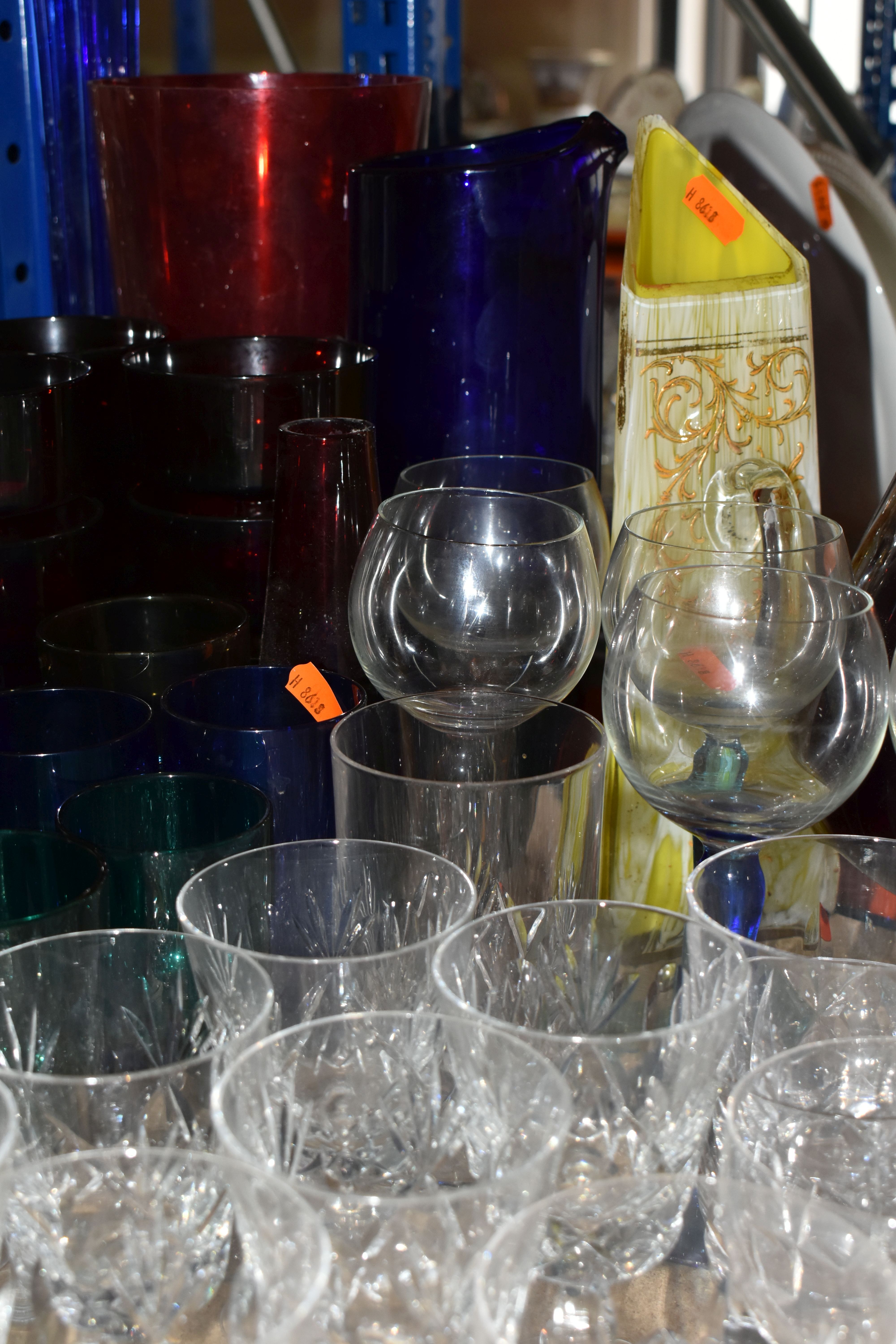 A LARGE SELECTION OF CRYSTAL CUT GLASS AND COLOURED GLASS VESSELS, including two sets of Tudor - Image 8 of 9