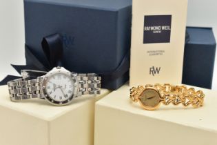 TWO 'RAYMOND WEIL' WRISTWATCHES, the first a gents quartz movement, round white dial, signed 'Raymod
