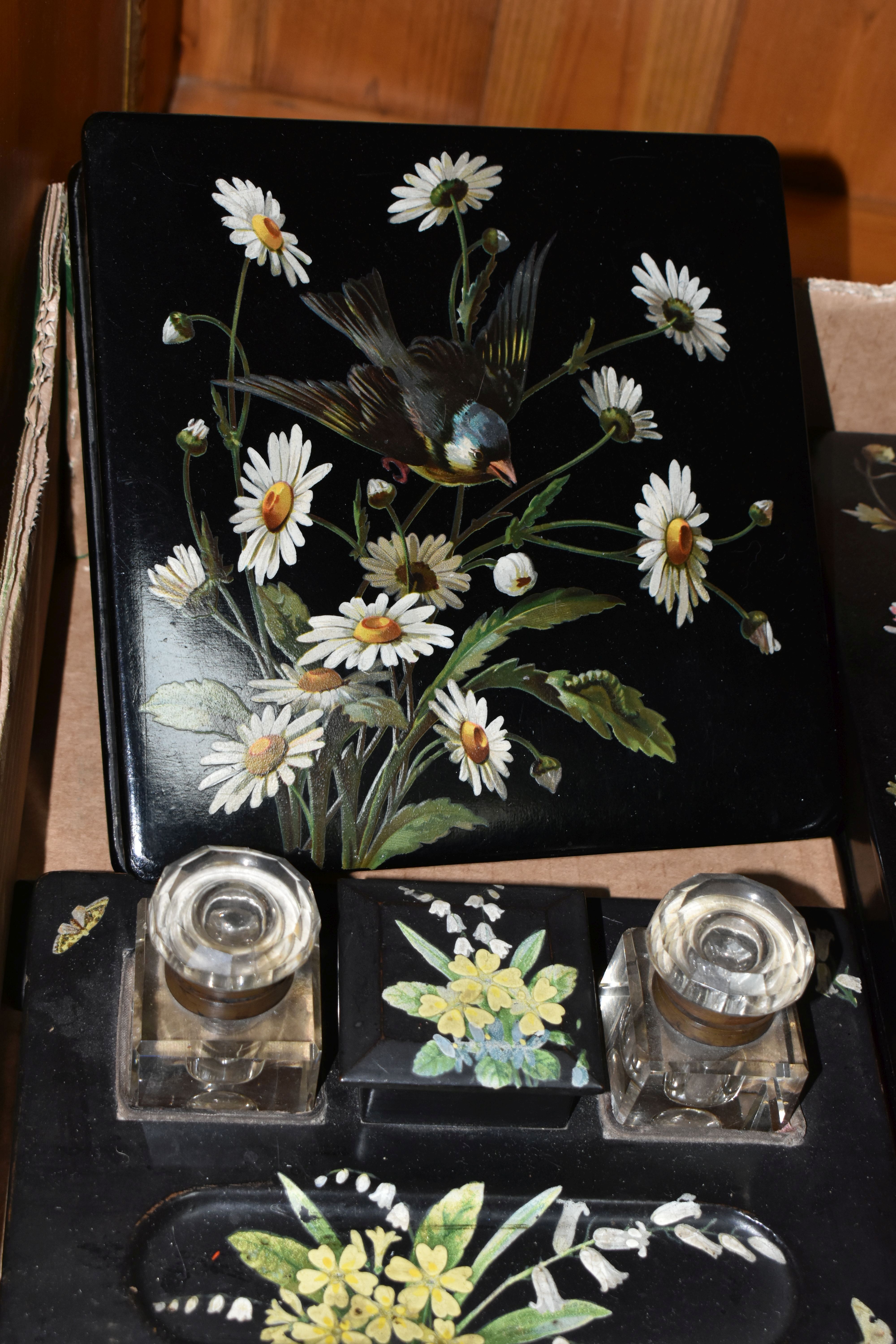 A BOX OF DECORATED PAPIER MACHE ITEMS, seven pieces to include blotters, glove boxes and a desk - Image 2 of 12