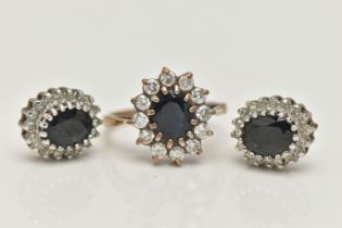 A PAIR OF 9CT YELLOW GOLD SAPPHIRE AND DIAMOND EARRINGS, TOGETHER WITH SIMILARLY DESIGNED RING, each