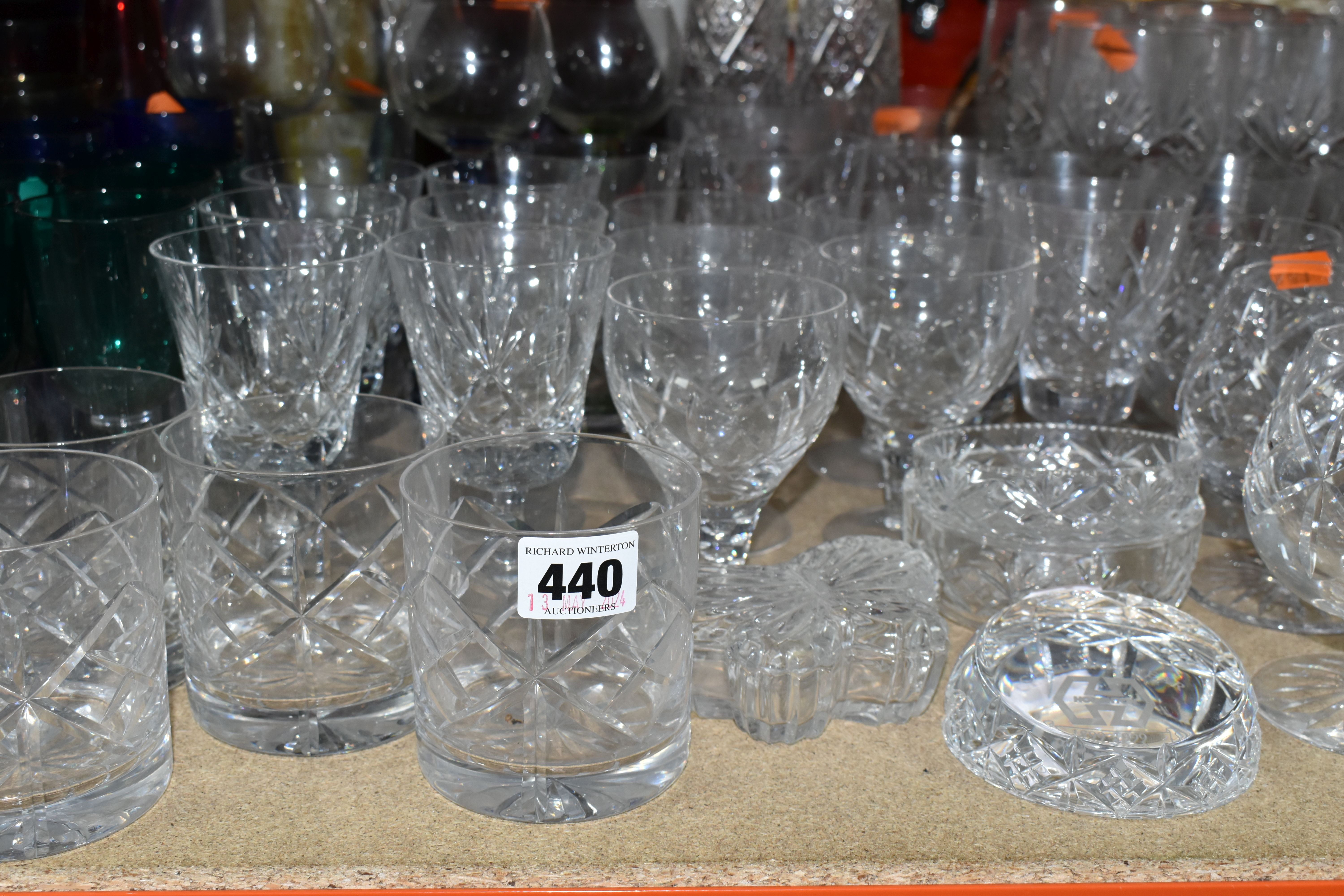 A LARGE SELECTION OF CRYSTAL CUT GLASS AND COLOURED GLASS VESSELS, including two sets of Tudor - Image 9 of 9