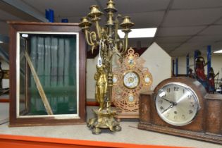 A VINTAGE 'FOREIGN' MANTEL CLOCK, PUTTI STYLE BRASS CANDELABRUM, TRAFALGAR MEMORIAL CLOCK, AND