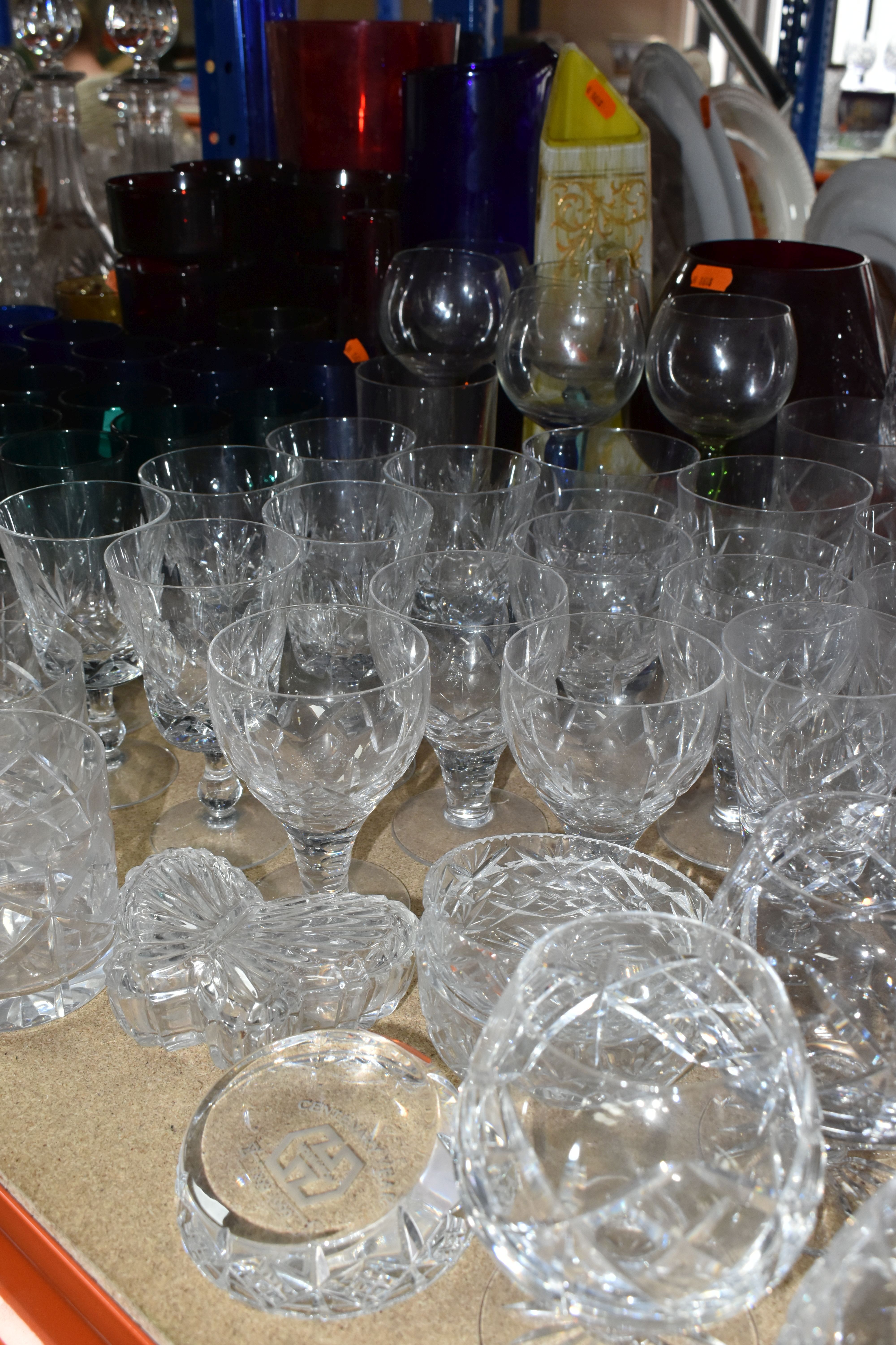 A LARGE SELECTION OF CRYSTAL CUT GLASS AND COLOURED GLASS VESSELS, including two sets of Tudor - Image 4 of 9