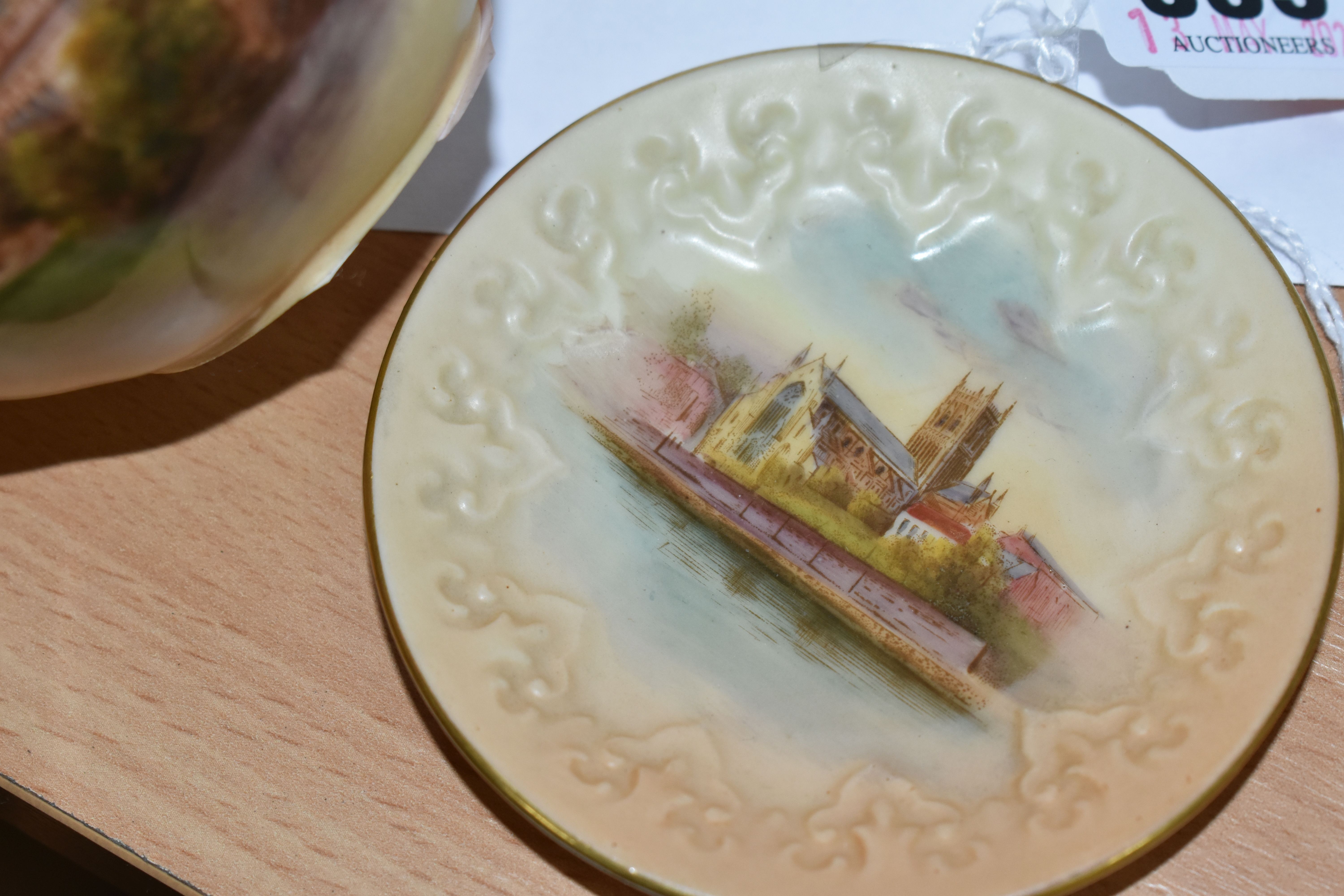 A ROYAL WORCESTER POSY VASE AND PIN DISH, comprising an unsigned posy vase decorated with Birmingham - Image 4 of 6