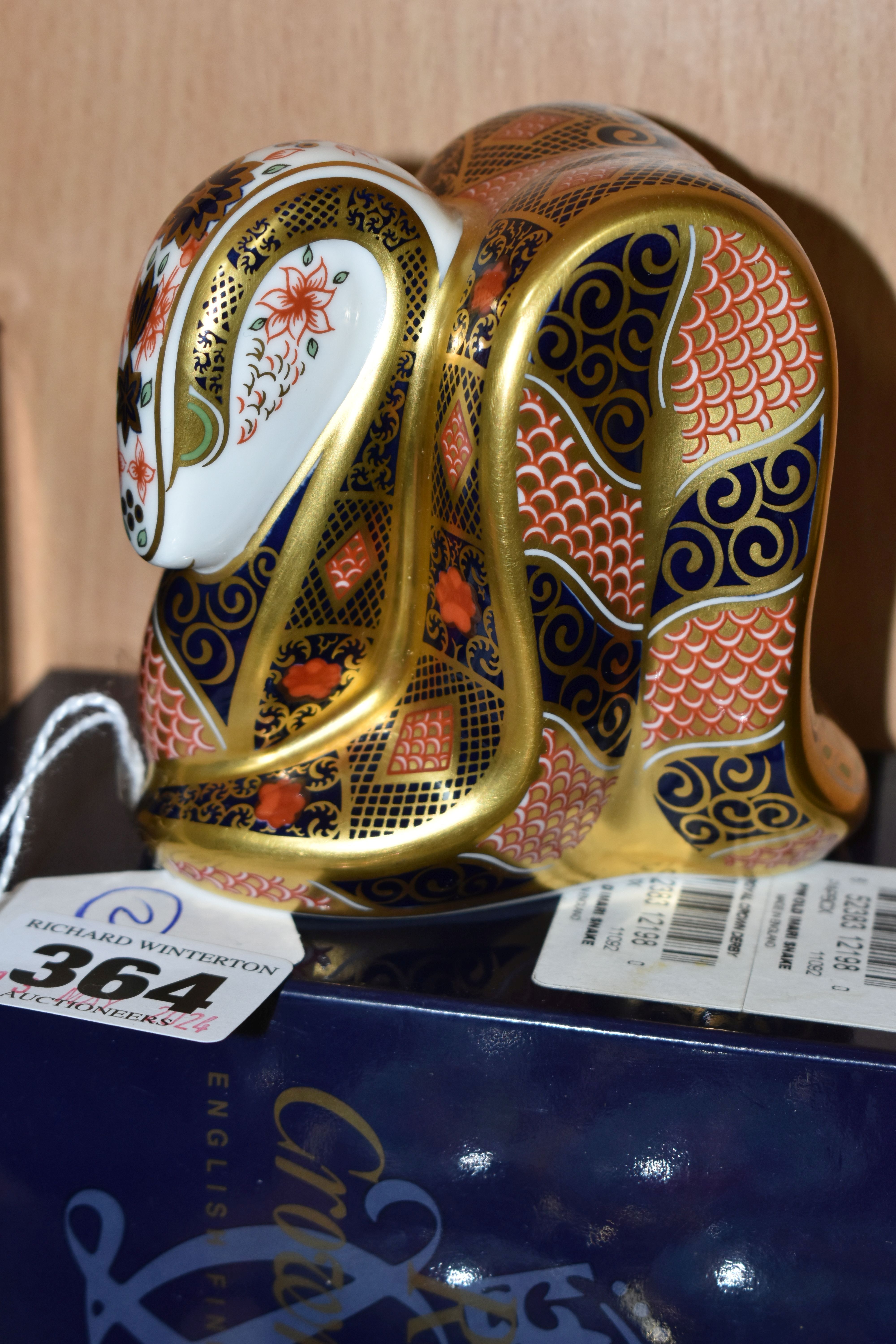 TWO BOXED ROYAL CROWN DERBY PAPERWEIGHTS, comprising Imari Snake, gold stopper, and a Dragon, silver - Image 2 of 4