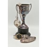 A SMALL ASSORTMENT OF SILVER AND OTHER ITEMS, to include a silver replica trophy, fitted to a