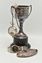 A SMALL ASSORTMENT OF SILVER AND OTHER ITEMS, to include a silver replica trophy, fitted to a
