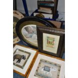 TWO BOXES OF FRAMED PICTURES AND PRINTS, to include a set of six framed Middle Eastern paintings