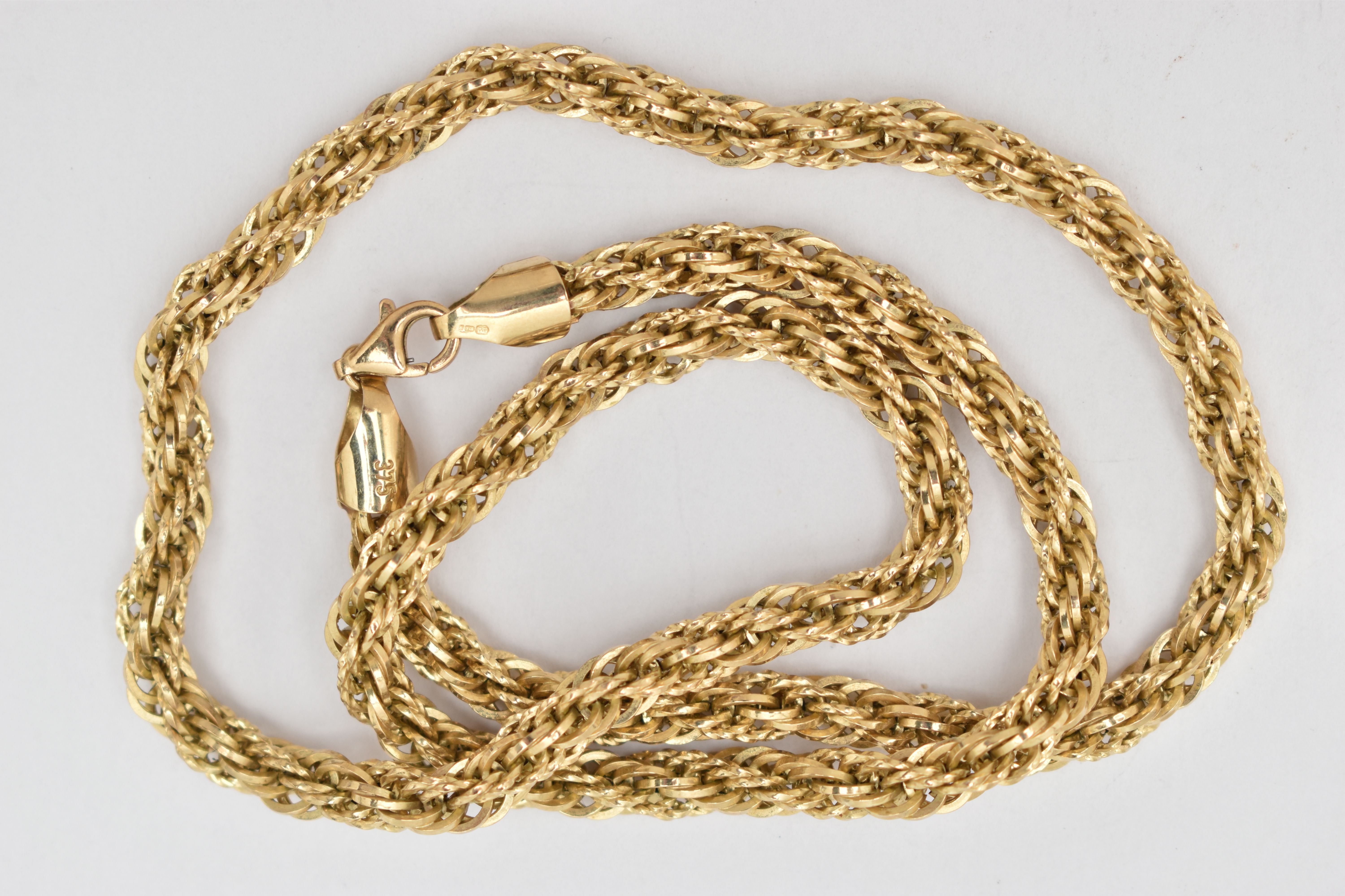 A 9CT GOLD ROPE TWIST CHAIN, hollow chain, fitted with a lobster clasp, hallmarked 9ct London,