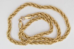 A 9CT GOLD ROPE TWIST CHAIN, hollow chain, fitted with a lobster clasp, hallmarked 9ct London,