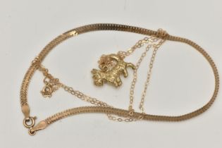 A 9CT GOLD BRACELET, DOG PENDANT AND CHAIN, the articulated bracelet, fitted with a spring clasp,