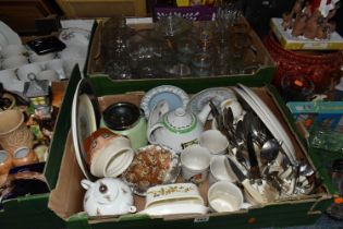 FOUR BOXES AND LOOSE CERAMICS AND GLASSWARE, including a two person boxed Argyle tea set, Lord