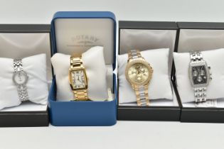 FOUR WRISTWATCHES, the first a gents gold plated 'Rotary' quartz movement wrist watch PO 000329,