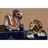 TWO BOXED ROYAL CROWN DERBY PAPERWEIGHTS, comprising Imari Snake, gold stopper, and a Dragon, silver