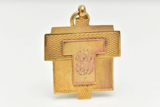 A 9CT GOLD FOB MEDAL, engine turned pattern with engraved monogram, fitted with a jump ring for
