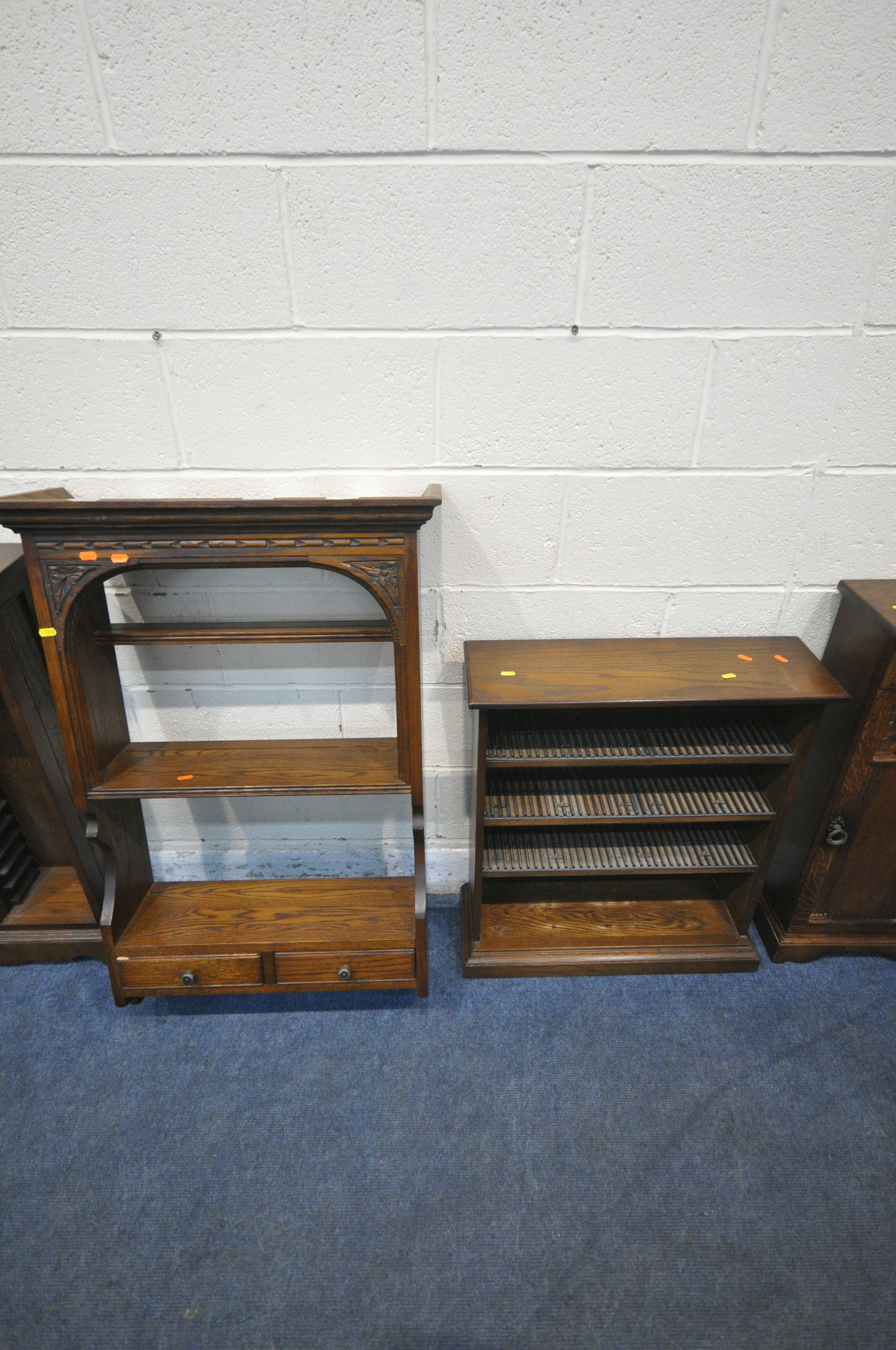 A SELECTION OF LATE 20TH CENTURY OAK OCCASIONAL FURNITURE, INCLUDING two cd racks, a wall hanging - Image 3 of 4