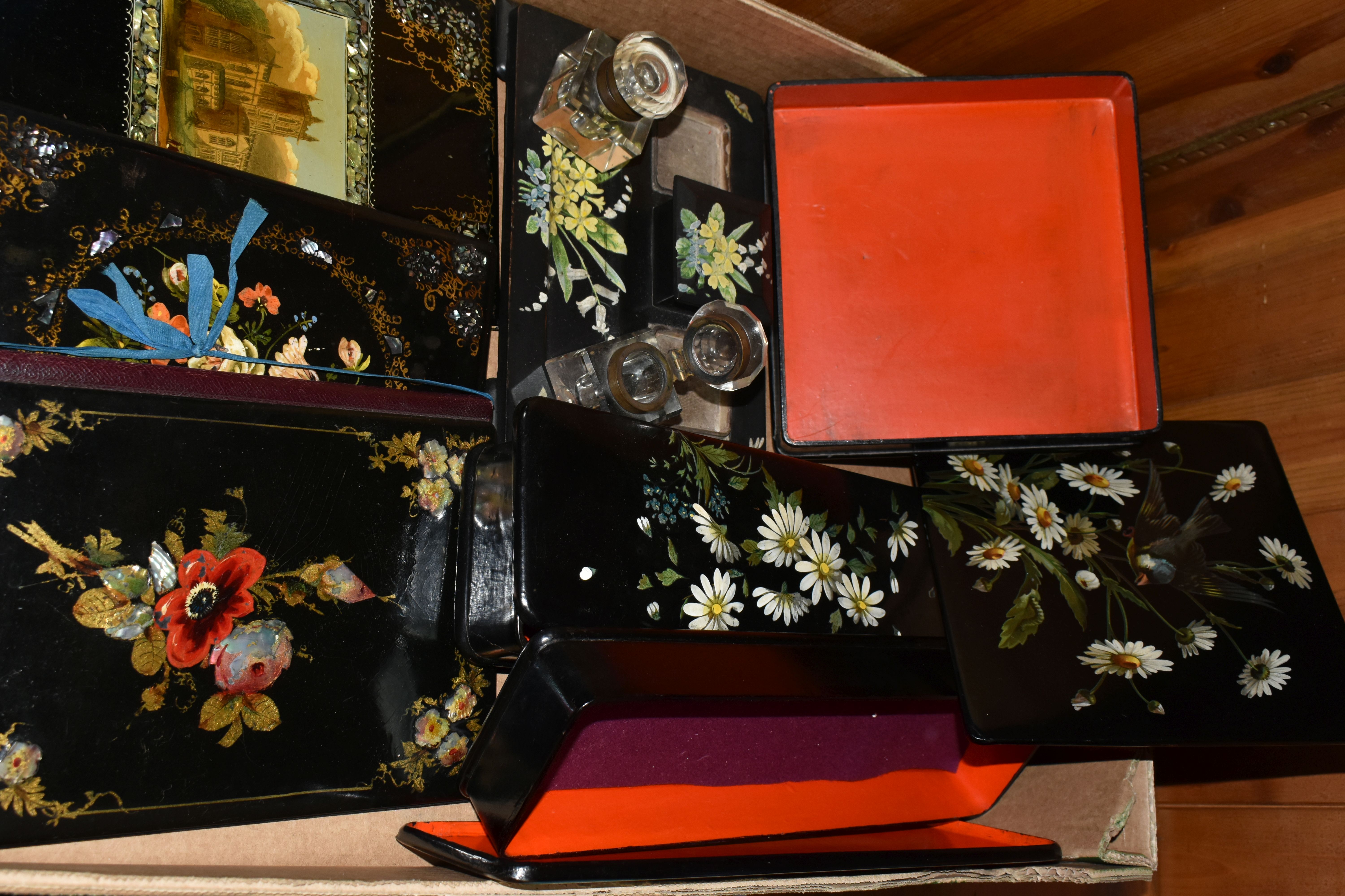 A BOX OF DECORATED PAPIER MACHE ITEMS, seven pieces to include blotters, glove boxes and a desk - Image 6 of 12