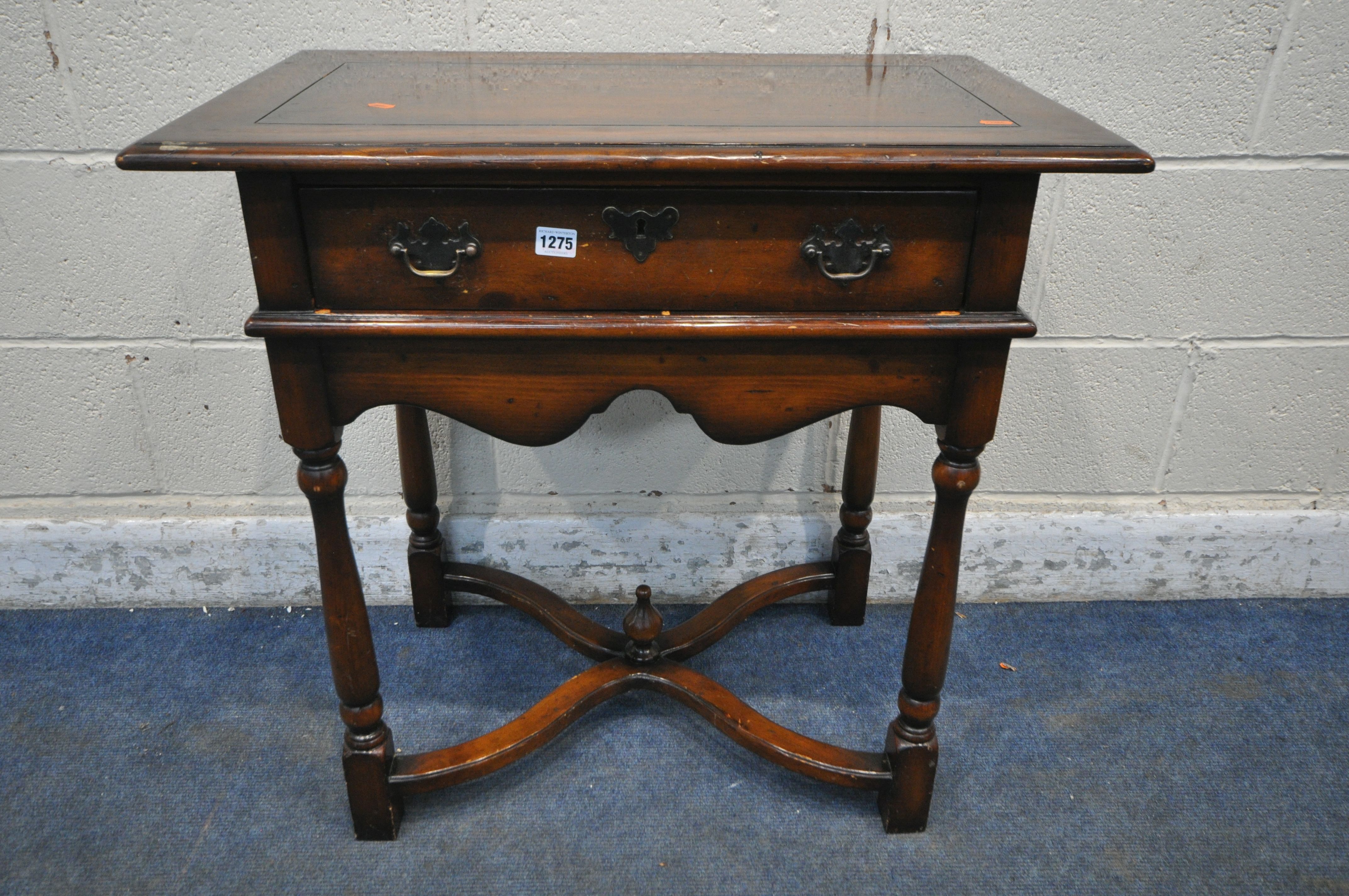 A REPRODUCTION THEODORE ALEXANDER MAHOGANY SIDE TABLE / LOWBOY, with a single drawer, wavy apron, - Image 2 of 6