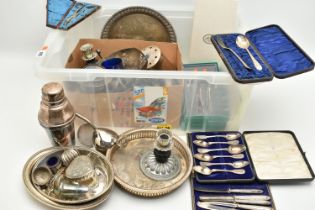 A BOX OF ASSORTED WHITE METAL WARE, to include trays, condiment pieces, entree dishes, cocktail