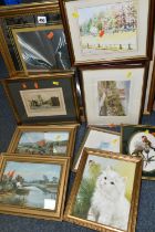 A SELECTION OF PAINTINGS AND PRINTS ETC, to include two early 20th century water landscapes signed