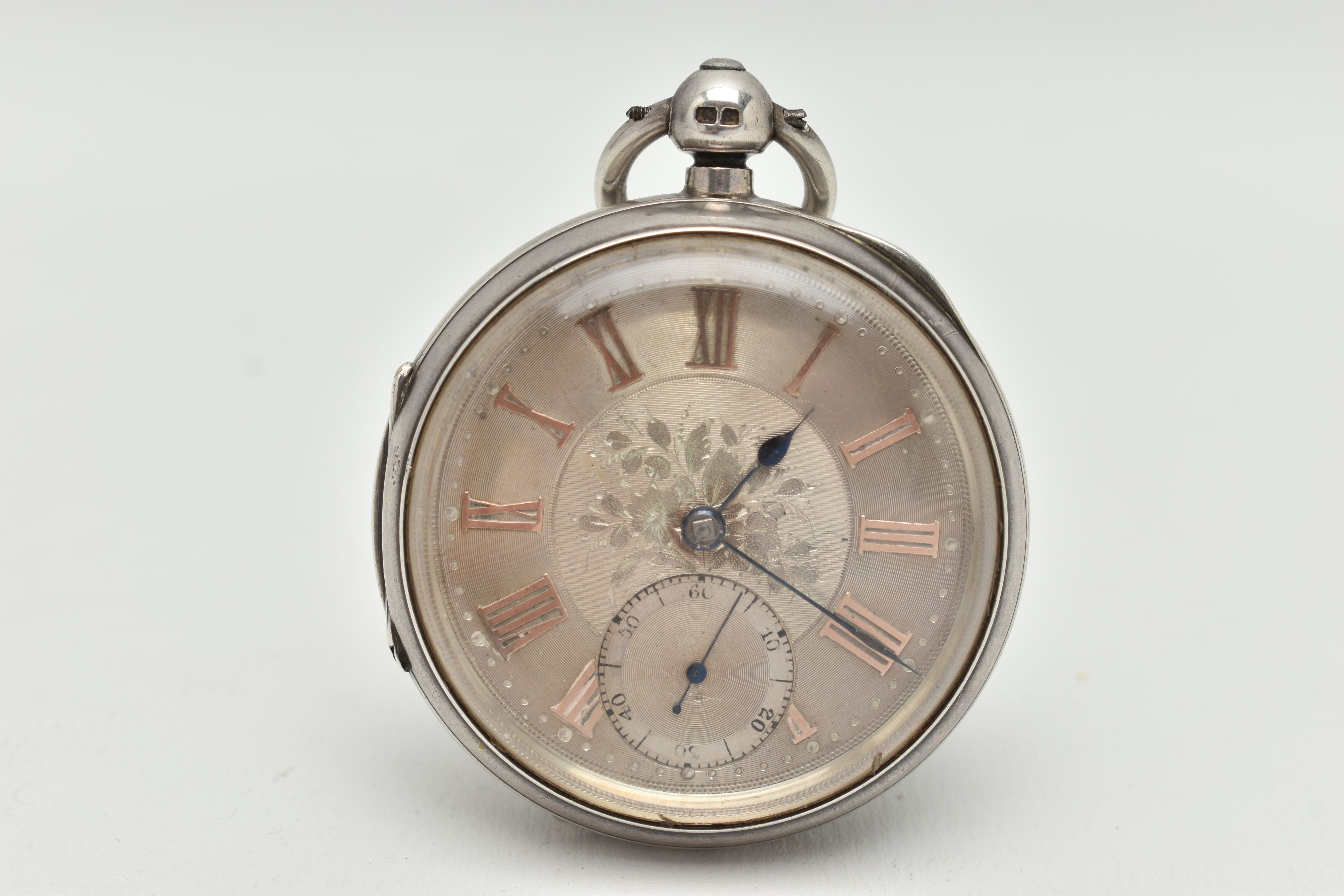 A LATE VICTORIAN SILVER OPEN FACE POCKET WATCH, key wound, round silver floral pattern dial with