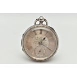 A LATE VICTORIAN SILVER OPEN FACE POCKET WATCH, key wound, round silver floral pattern dial with