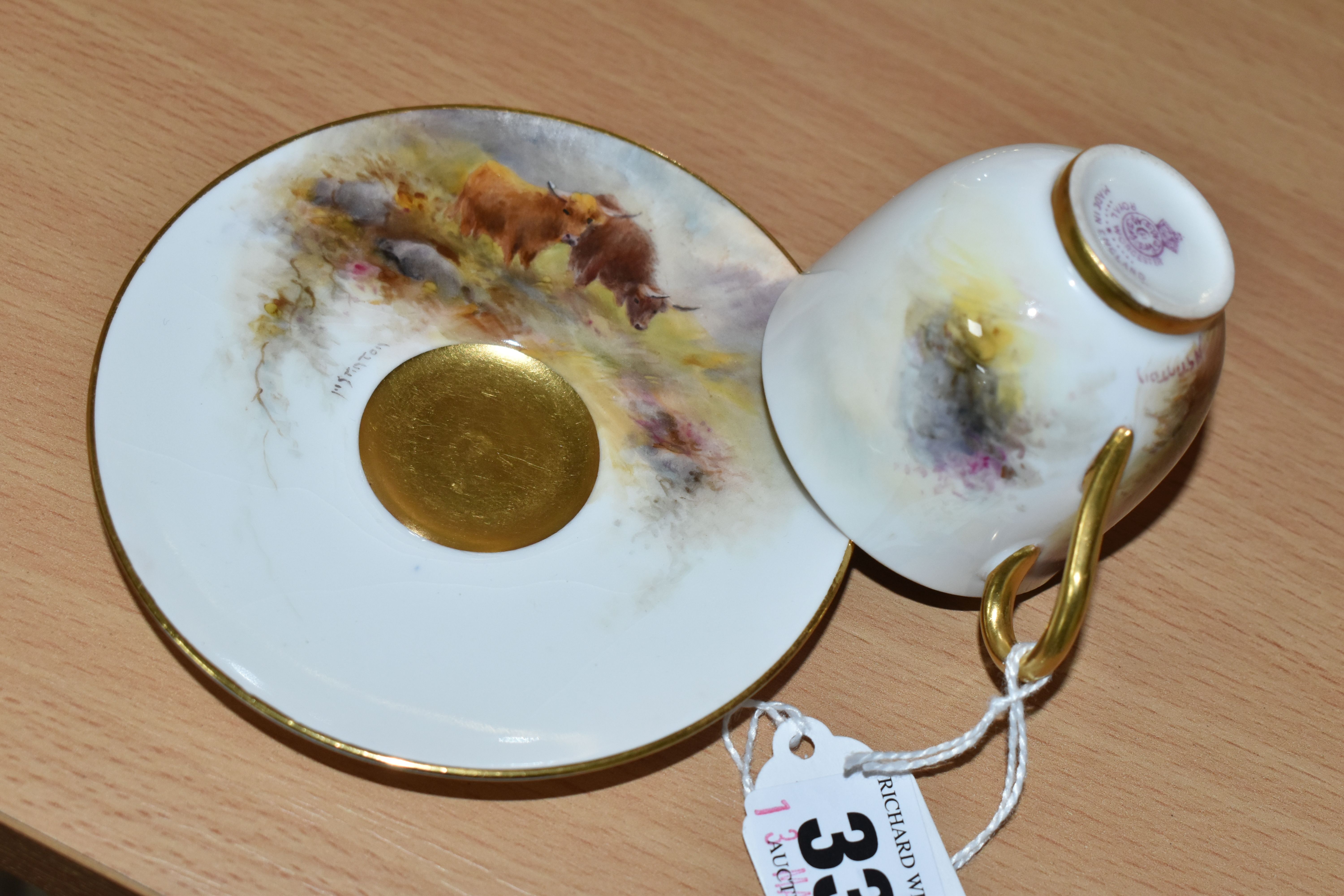 A ROYAL WORCESTER CABINET CUP AND SAUCER BY HARRY STINTON, painted with Highland cattle, each - Image 3 of 4