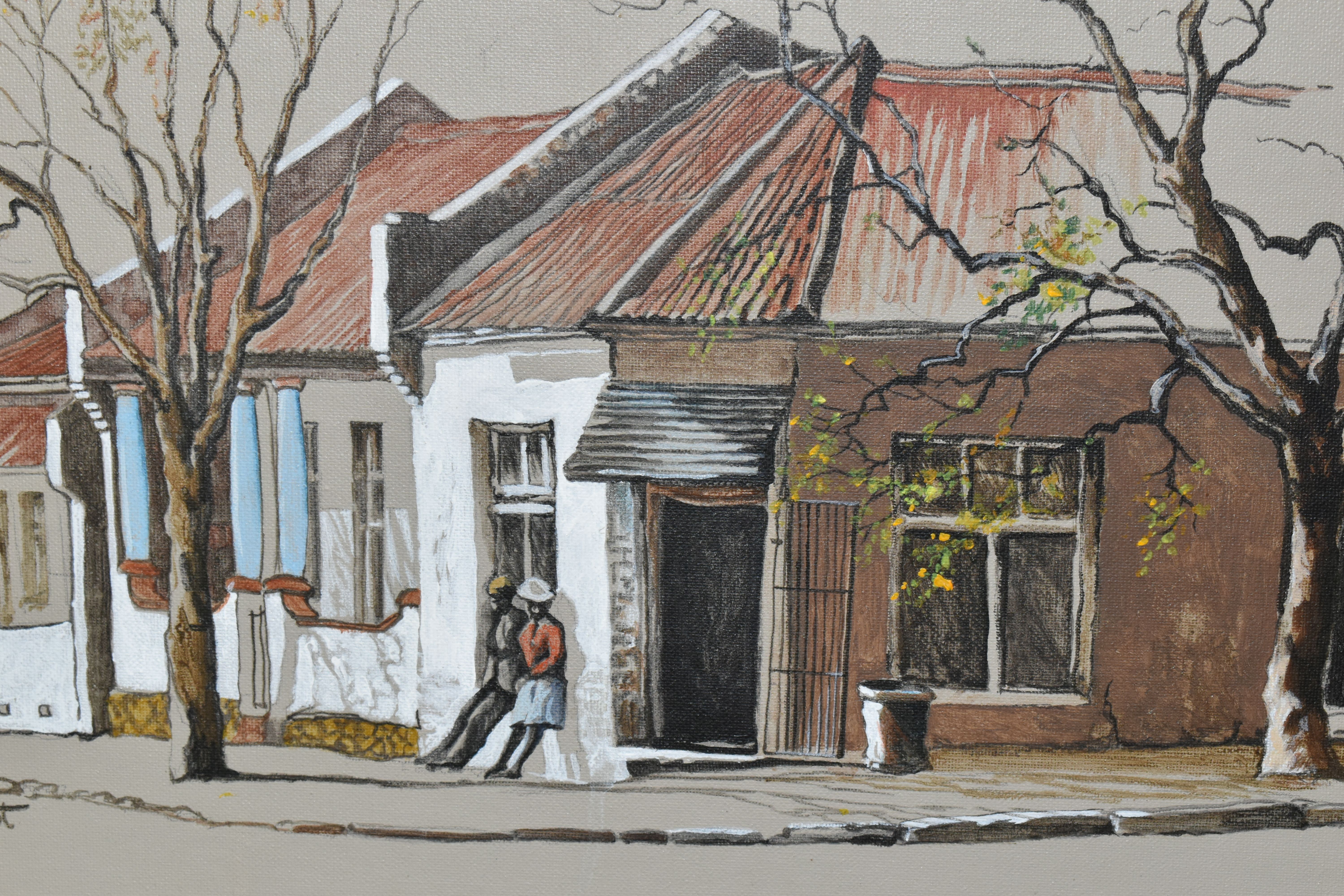 TED HOEFSLOOT (1930-2013) 'FORDSBURG CAFE', a South African street scene depicting figures outside a - Image 2 of 3