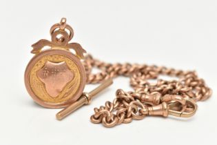 A 9CT ROSE GOLD DOUBLE ALBERT CHAIN WITH FOB MEDAL, each link stamped 9.375, fitted with a T-bar